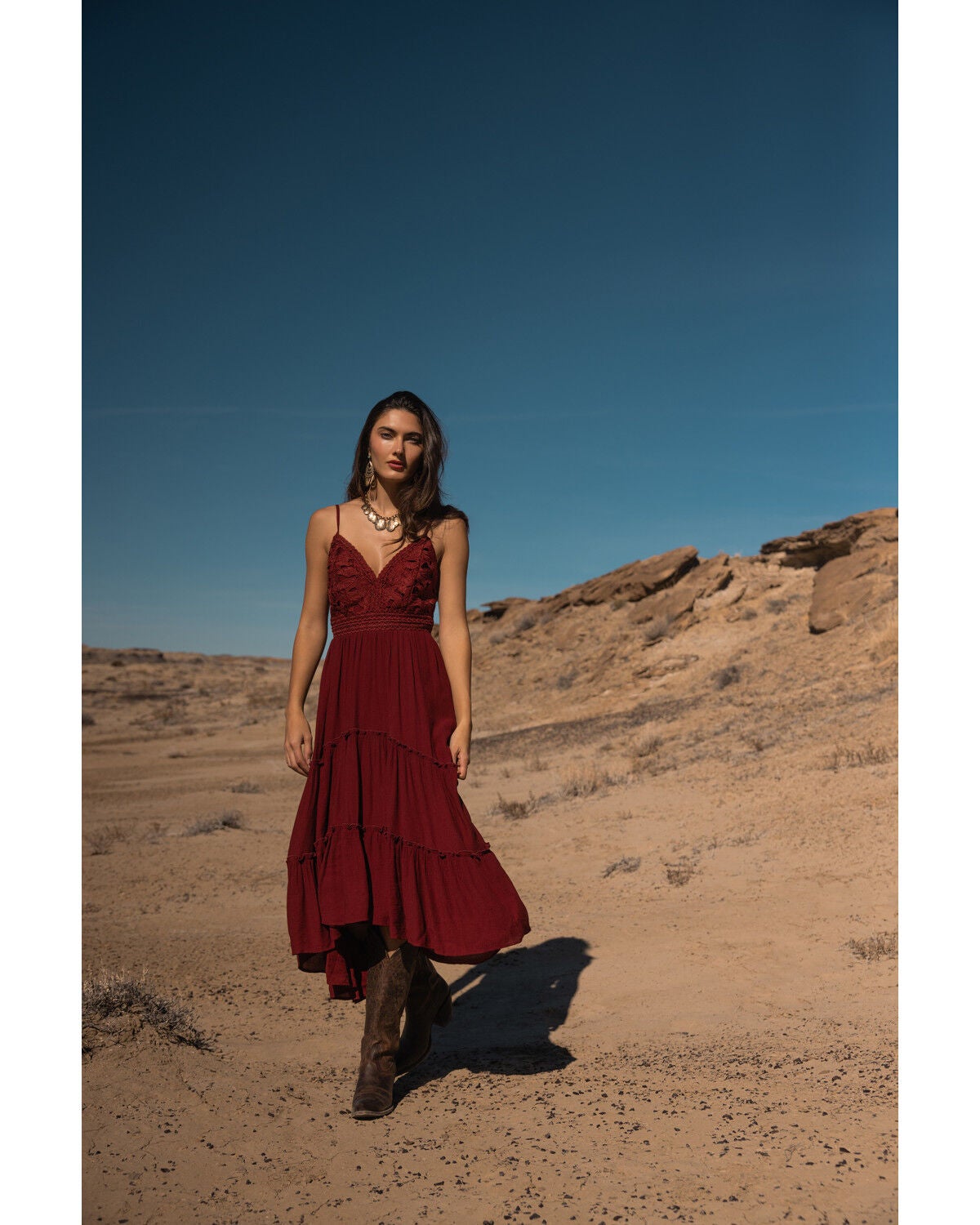 Image #1 - Shyanne Women's Aerie Crochet Front High-Low Midi Dress, Burgundy, hi-res