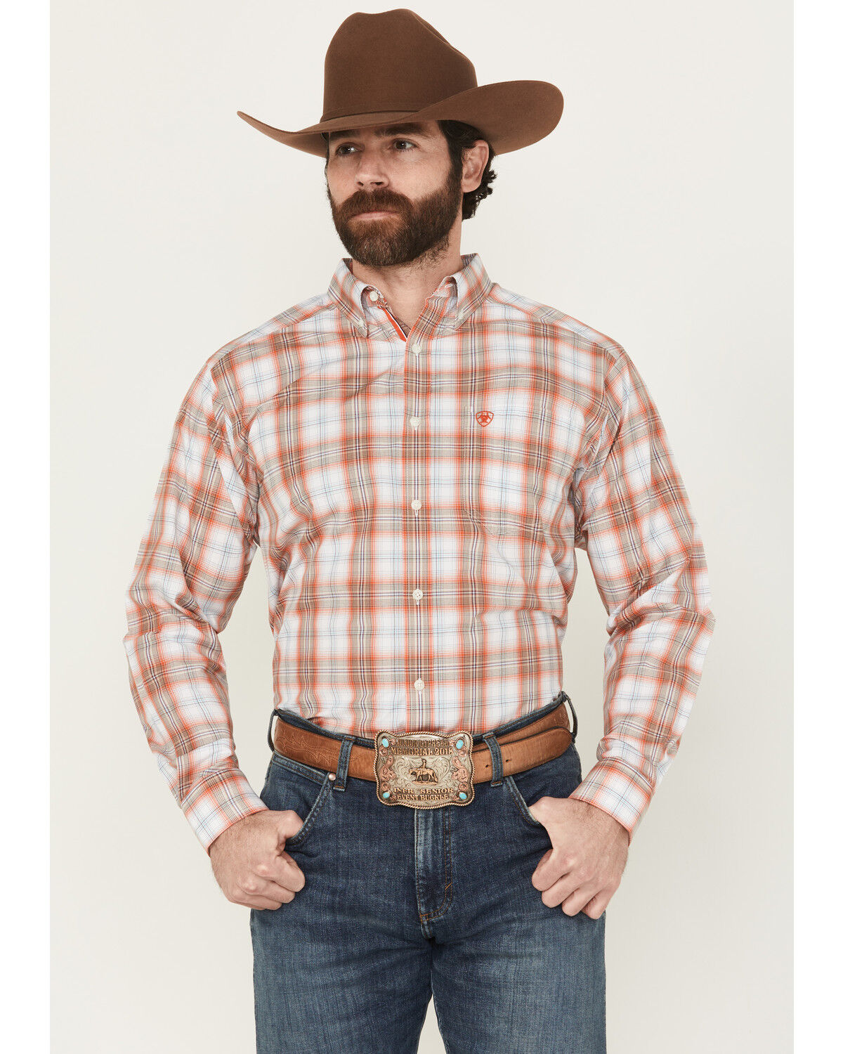 Image #1 - Ariat Men's Wallis Pro Series Plaid Print Long Sleeve Button-Down Stretch Western Shirt, Orange, hi-res