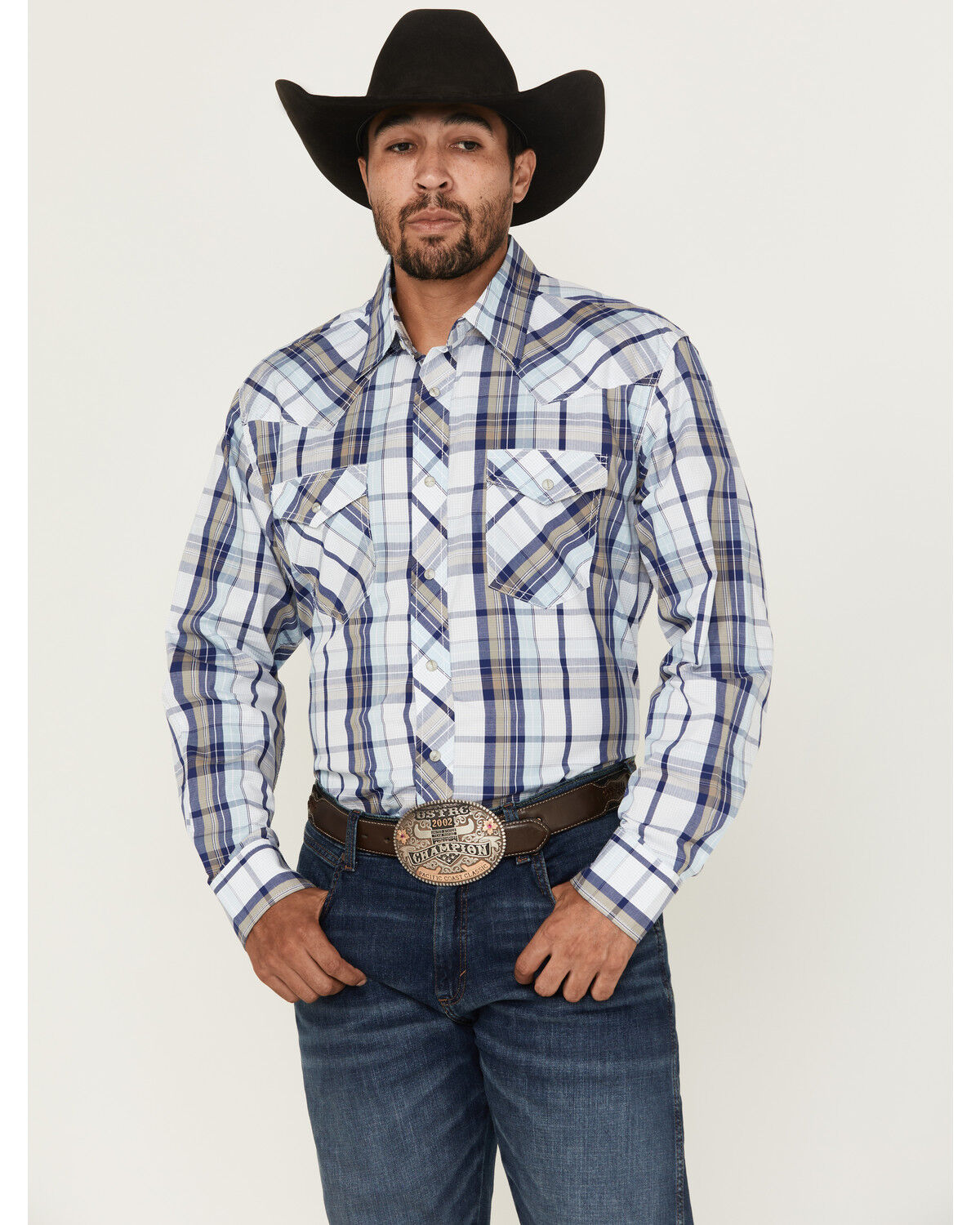 Image #1 - Wrangler 20X Men's Plaid Print Long Sleeve Snap Stretch Western Shirt, Blue, hi-res