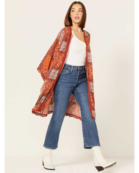 Image #2 - Wild Moss Women's Paisley Print Patchwork Kimono, Red, hi-res