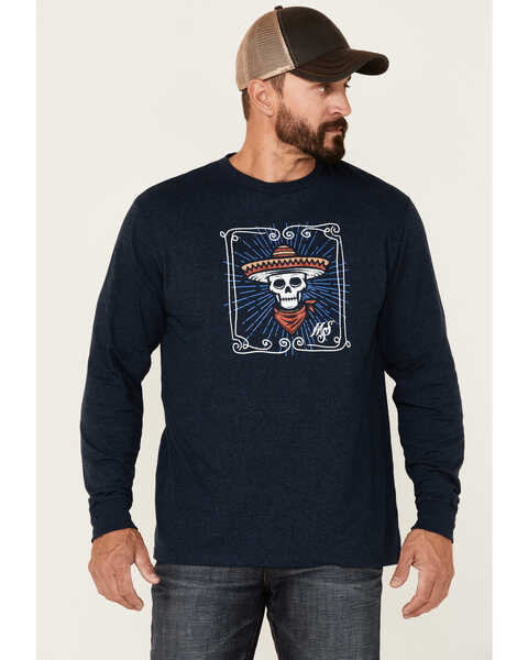 Image #1 - Moonshine Spirit Men's Heather Navy Framed Skull Graphic Long Sleeve T-Shirt , Navy, hi-res