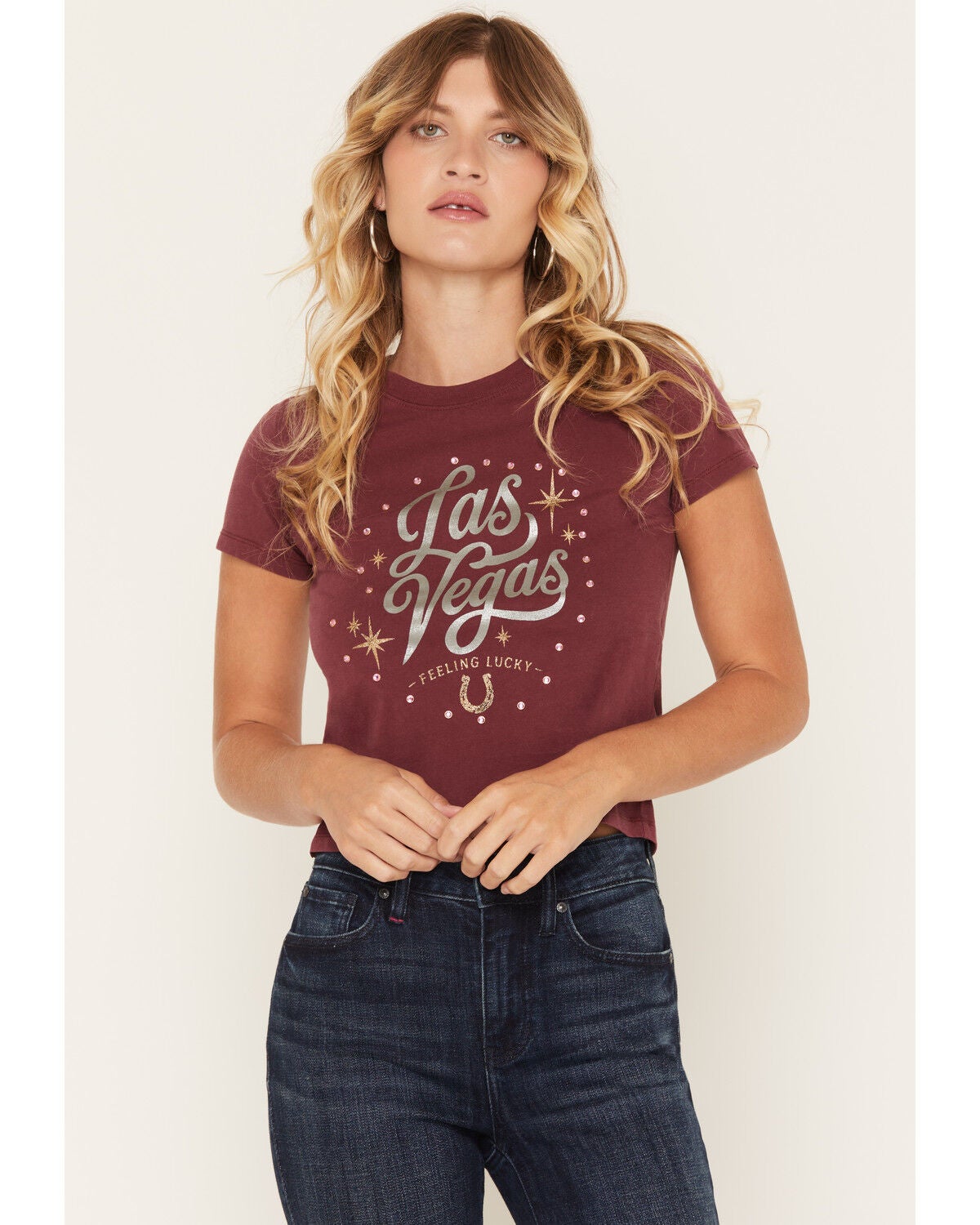 Blue Life Women's Vegas Rhinestone Short Sleeve Graphic Tee, Maroon, hi-res