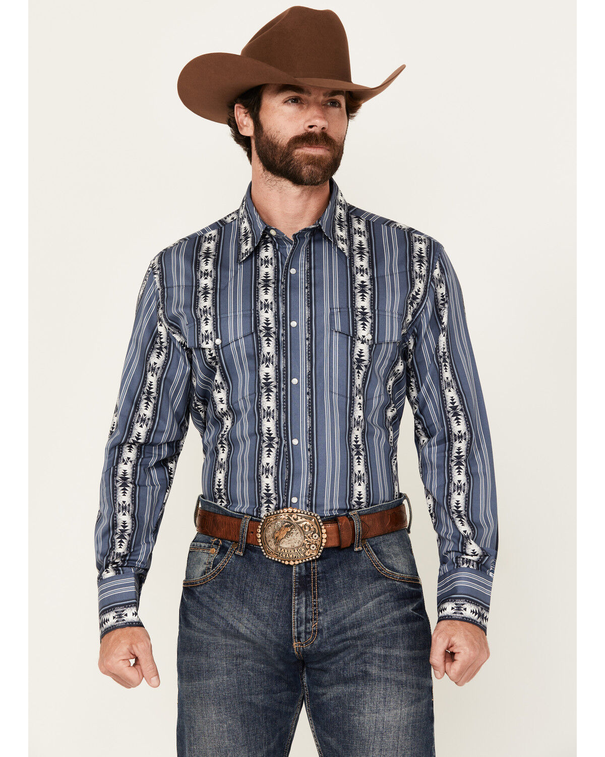 Image #1 - Wrangler Men's Checotah Southwestern Striped Print Long Sleeve Pearl Snap Western Shirt, Blue, hi-res