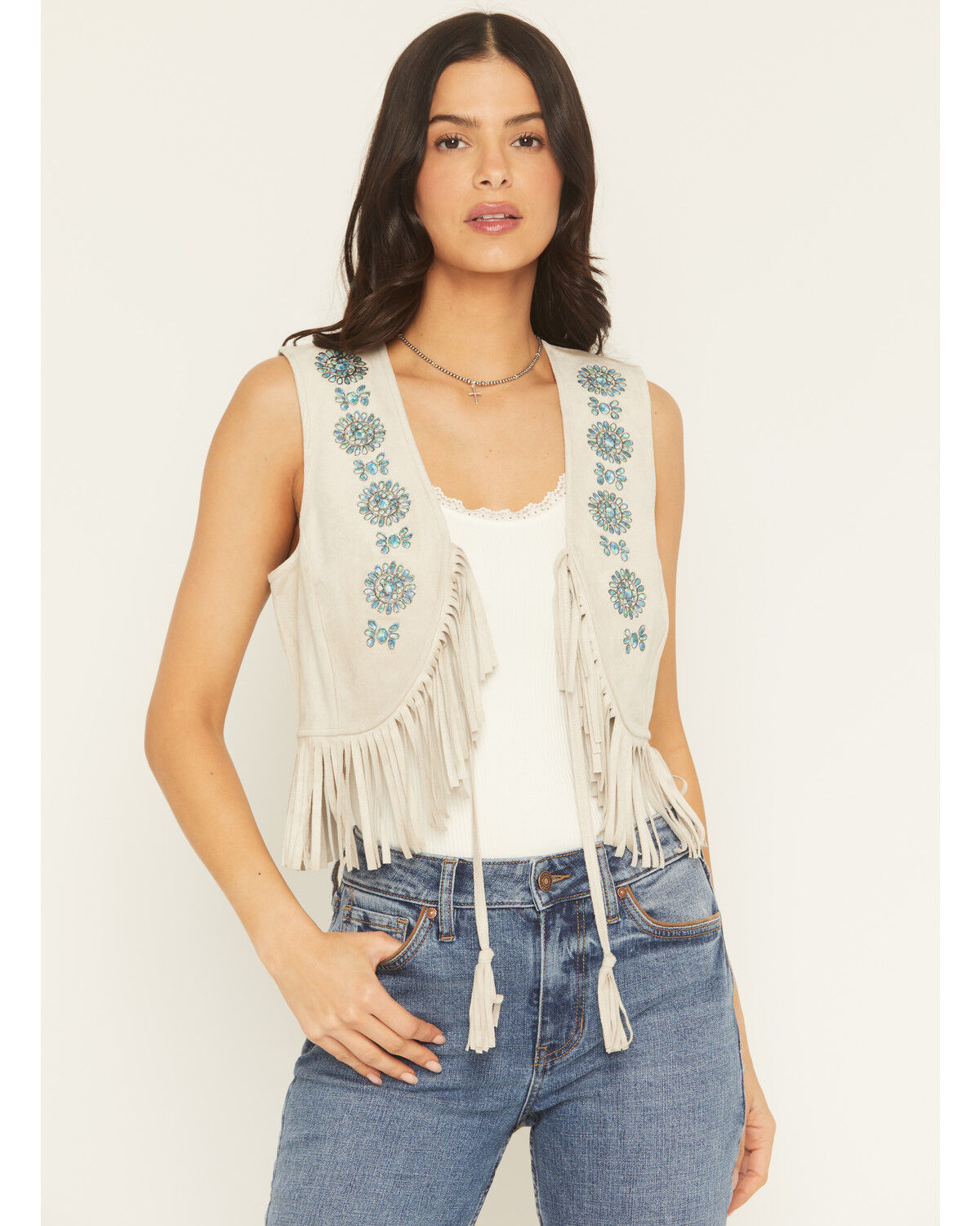 Image #1 - Shyanne Women's Embroidered Faux Suede Cropped Vest, Oatmeal, hi-res