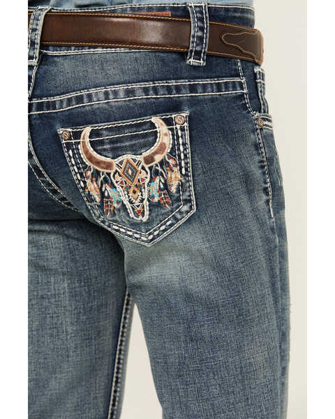 Image #4 - Shyanne Girls' Cowhide Steer Head Light Wash Faded Stretch Bootcut Jeans , Medium Wash, hi-res