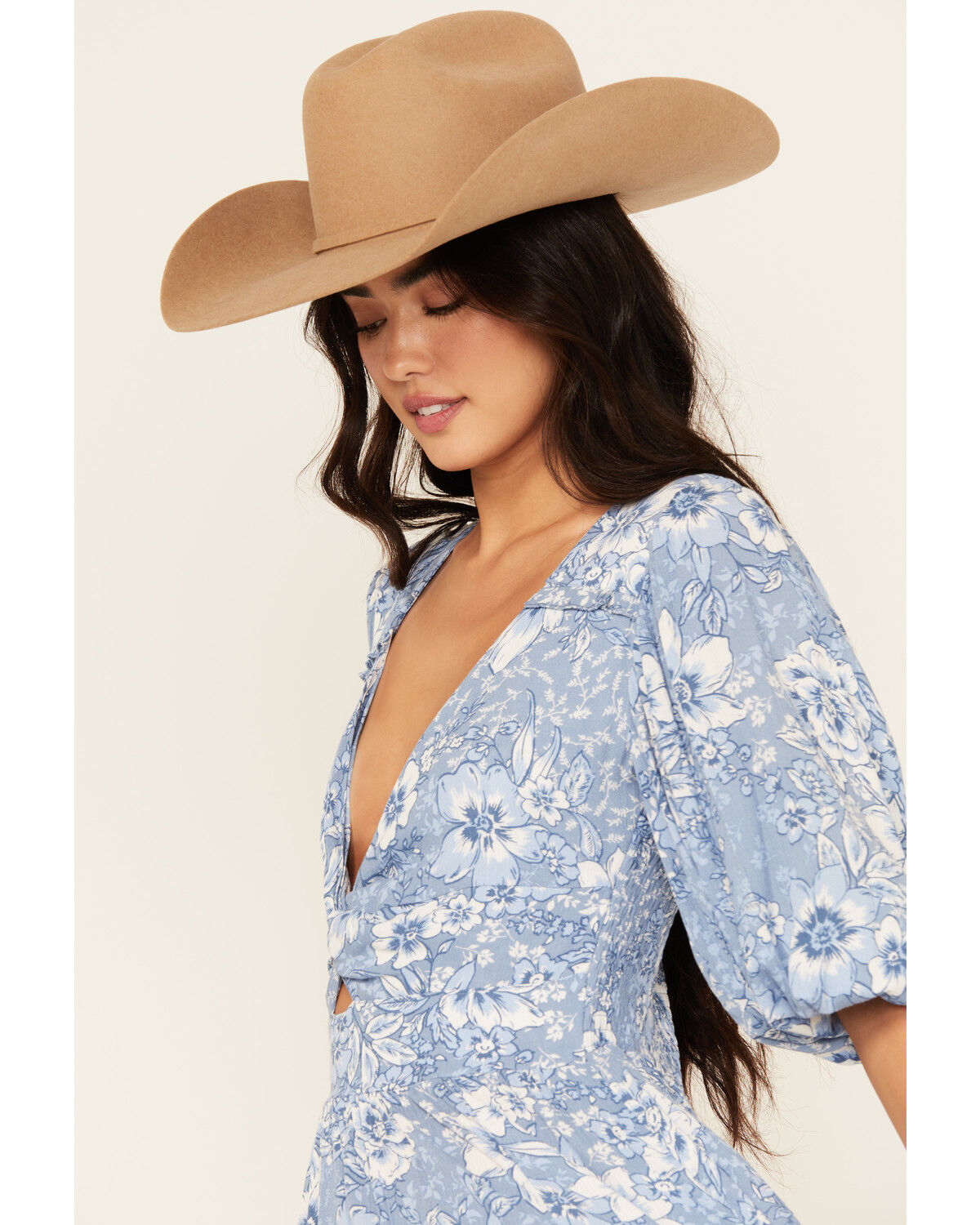 Image #2 - Wild Moss Women's Floral Print Front Twist Midi Dress, Blue, hi-res