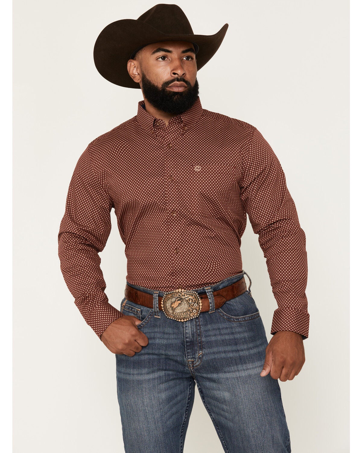 Image #1 - Cody James Men's NFR Geo Print Long Sleeve Button-Down Stretch Western Shirt, Burgundy, hi-res