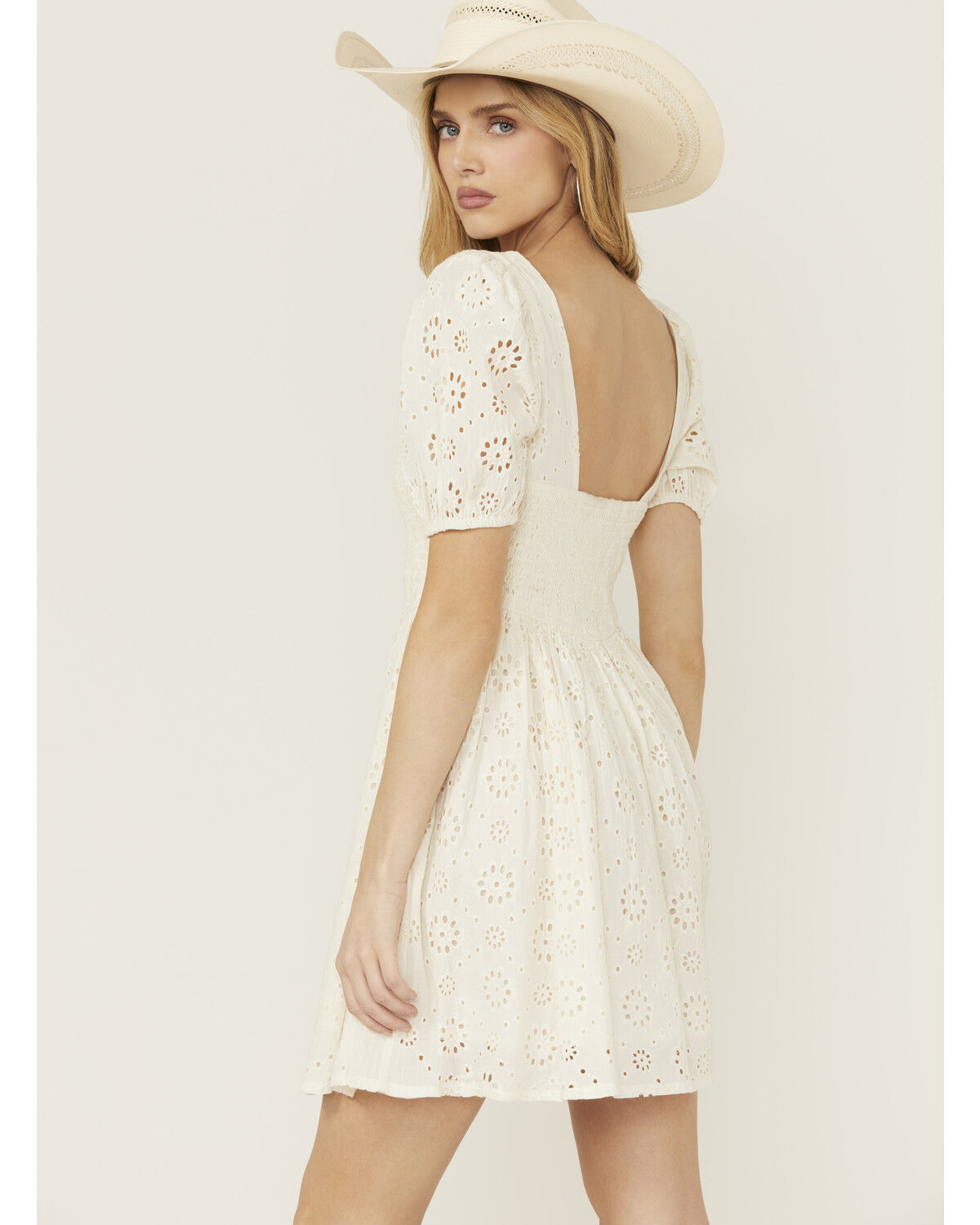 Image #4 - Rock & Roll Denim Women's Eyelet Short Sleeve Mini Dress, Cream, hi-res