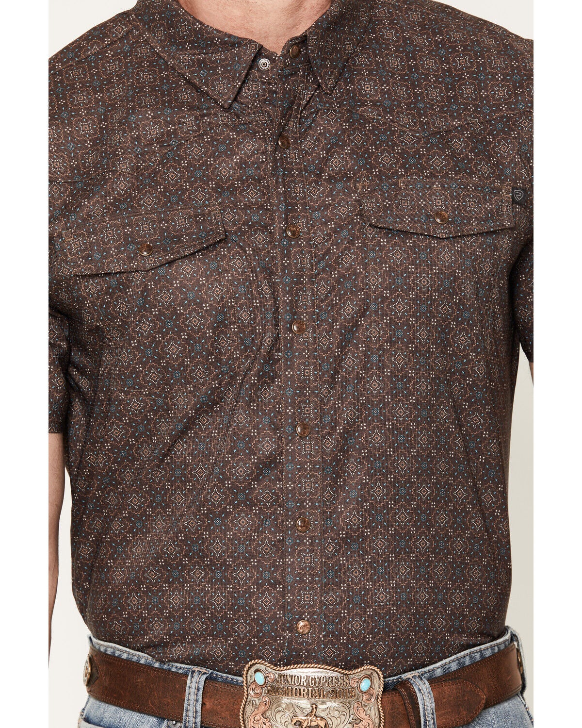 Image #3 - Rock & Roll Denim Men's TEK Medallion Print Short Sleeve Button-Down Performance Stretch Western Shirt, Dark Brown, hi-res