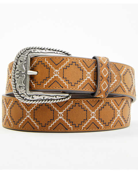 RANK 45® Men's Emmett Southwestern Stitched Leather Belt , Brown, hi-res