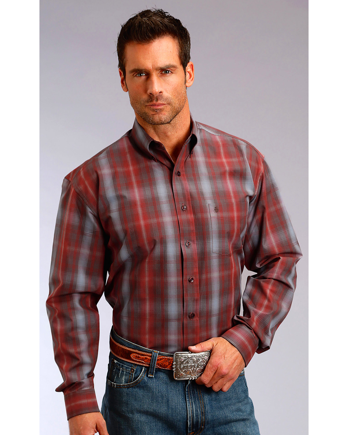 Stetson Men's Burgundy Plaid Long Sleeve Shirt - Country Outfitter