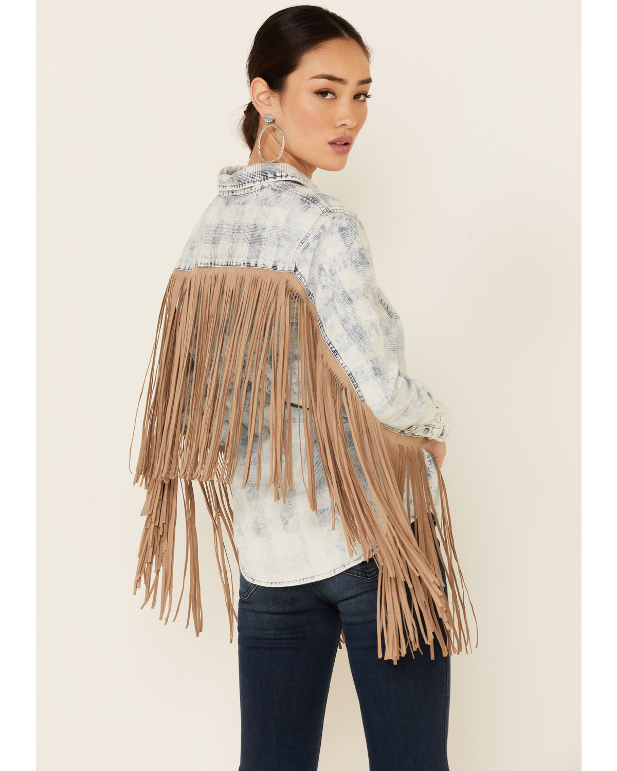 Driftwood Women's Vintage Blue Plaid Fringe Long Sleeve ButtonDown