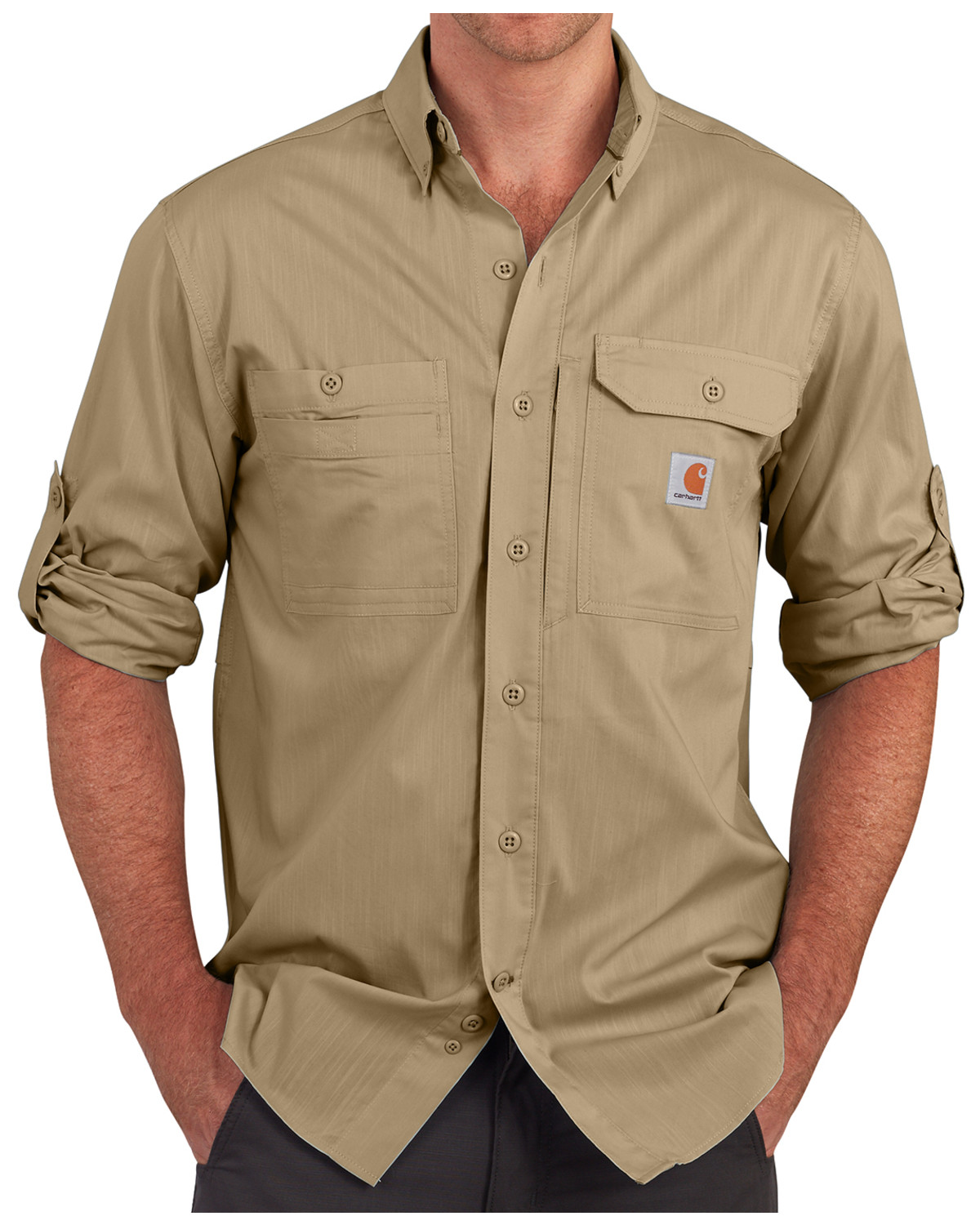 Carhartt Men's Khaki Force Ridgefield Solid Long-Sleeve Shirt - Big ...