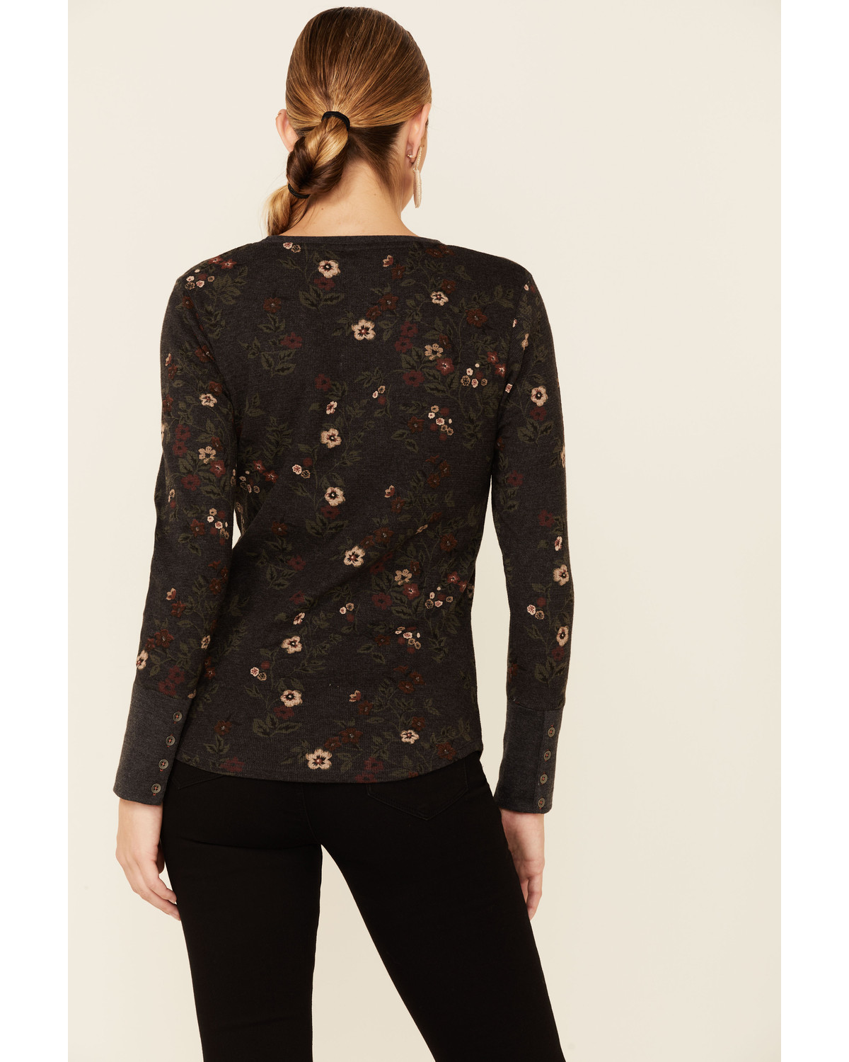 North River Women's Charcoal Floral Print Waffle Crew Long Sleeve