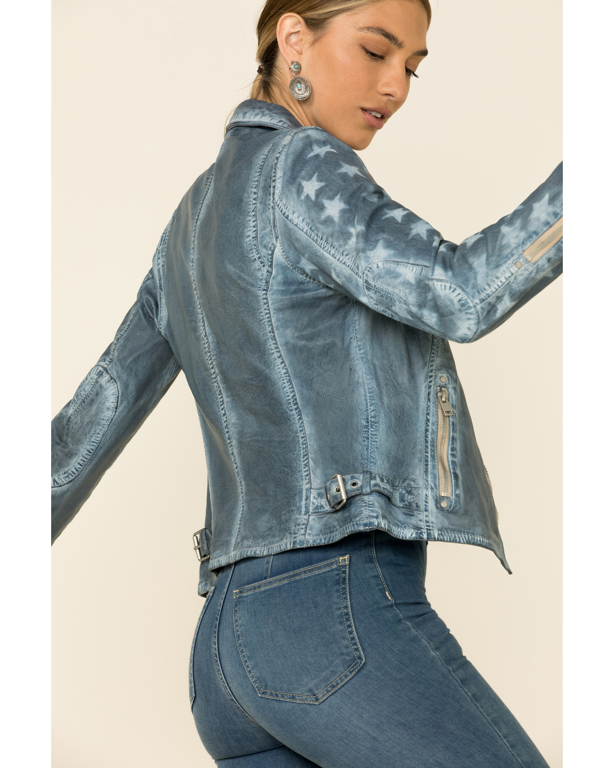 Mauritius Women's Sky Blue Sofia Star Sleeve Leather Jacket Country