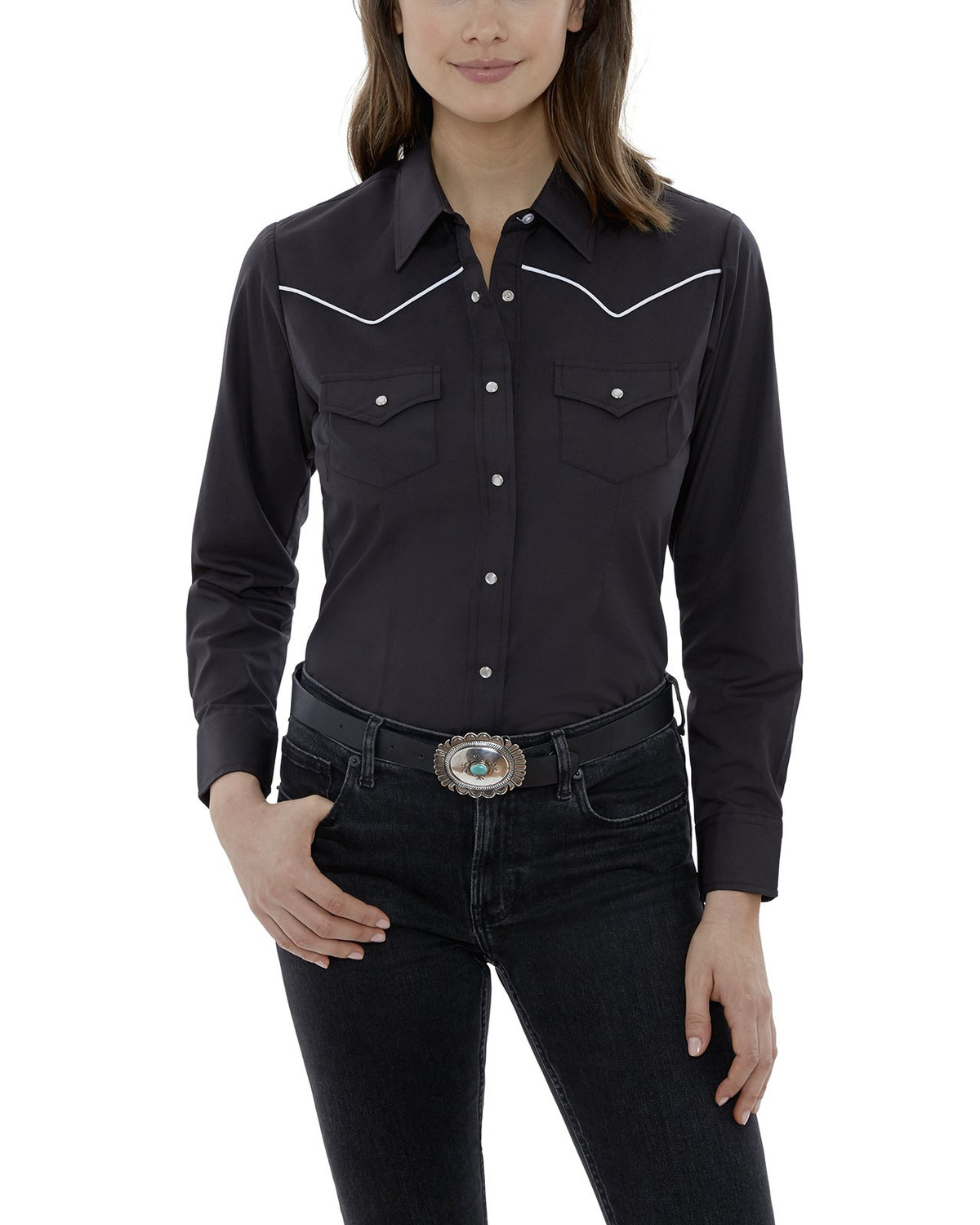 Ely Cattleman Women's Black Piping Long Sleeve Western Shirt Plus