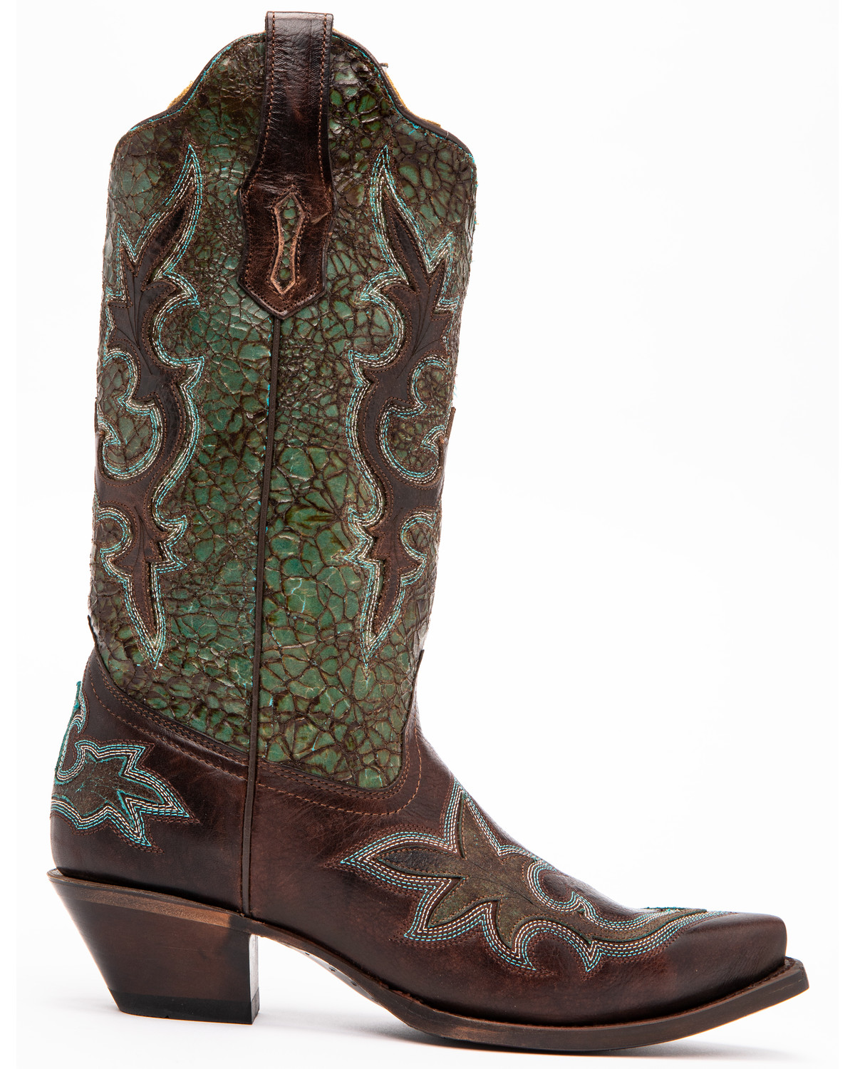 Corral Distressed Turquoise & Chocolate Overlay Cowgirl Boots - Snip
