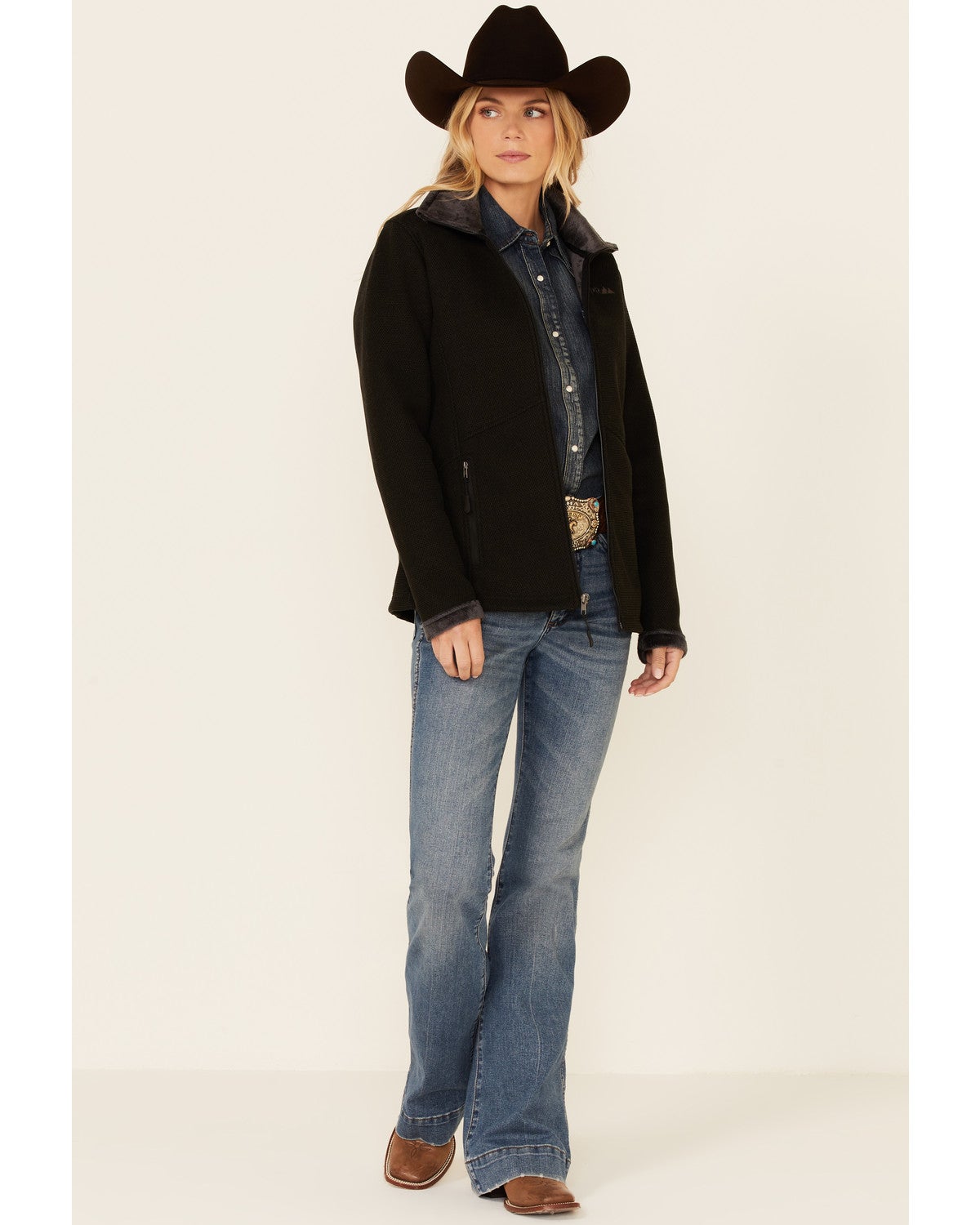 Powder River Outfitters Women's Solid Black Honeycomb Performance Zip ...