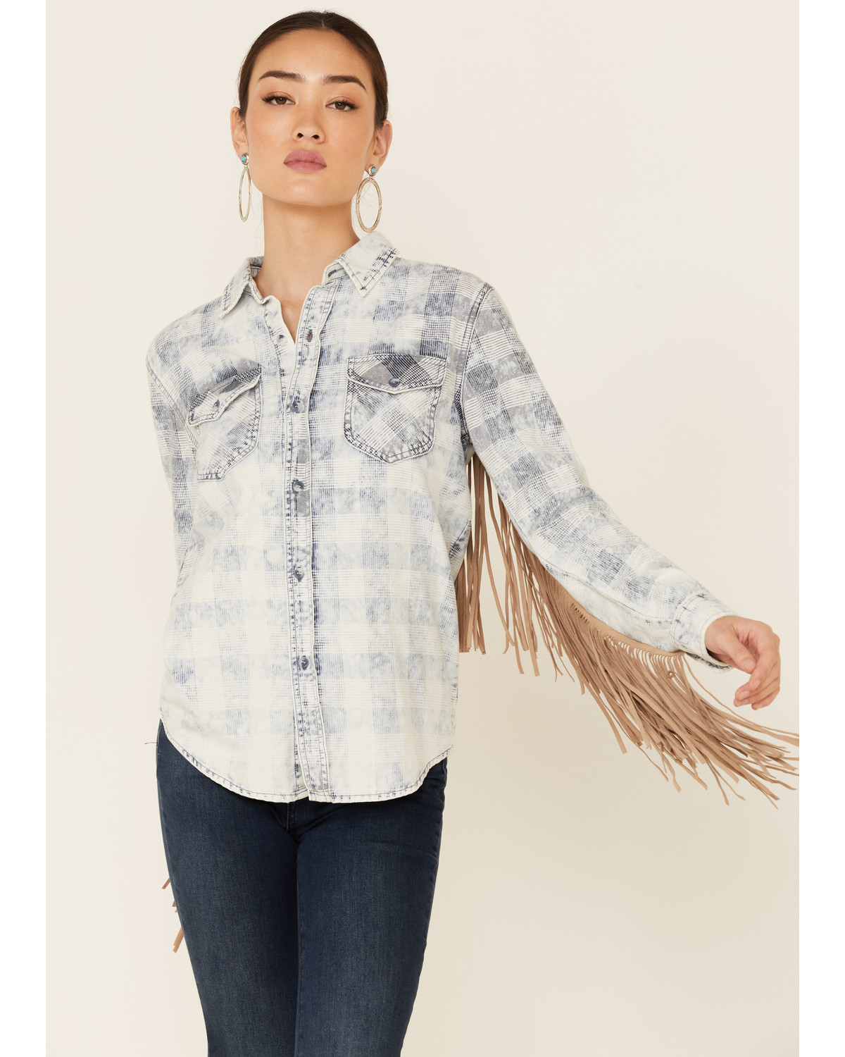 Driftwood Women's Vintage Blue Plaid Fringe Long Sleeve ButtonDown