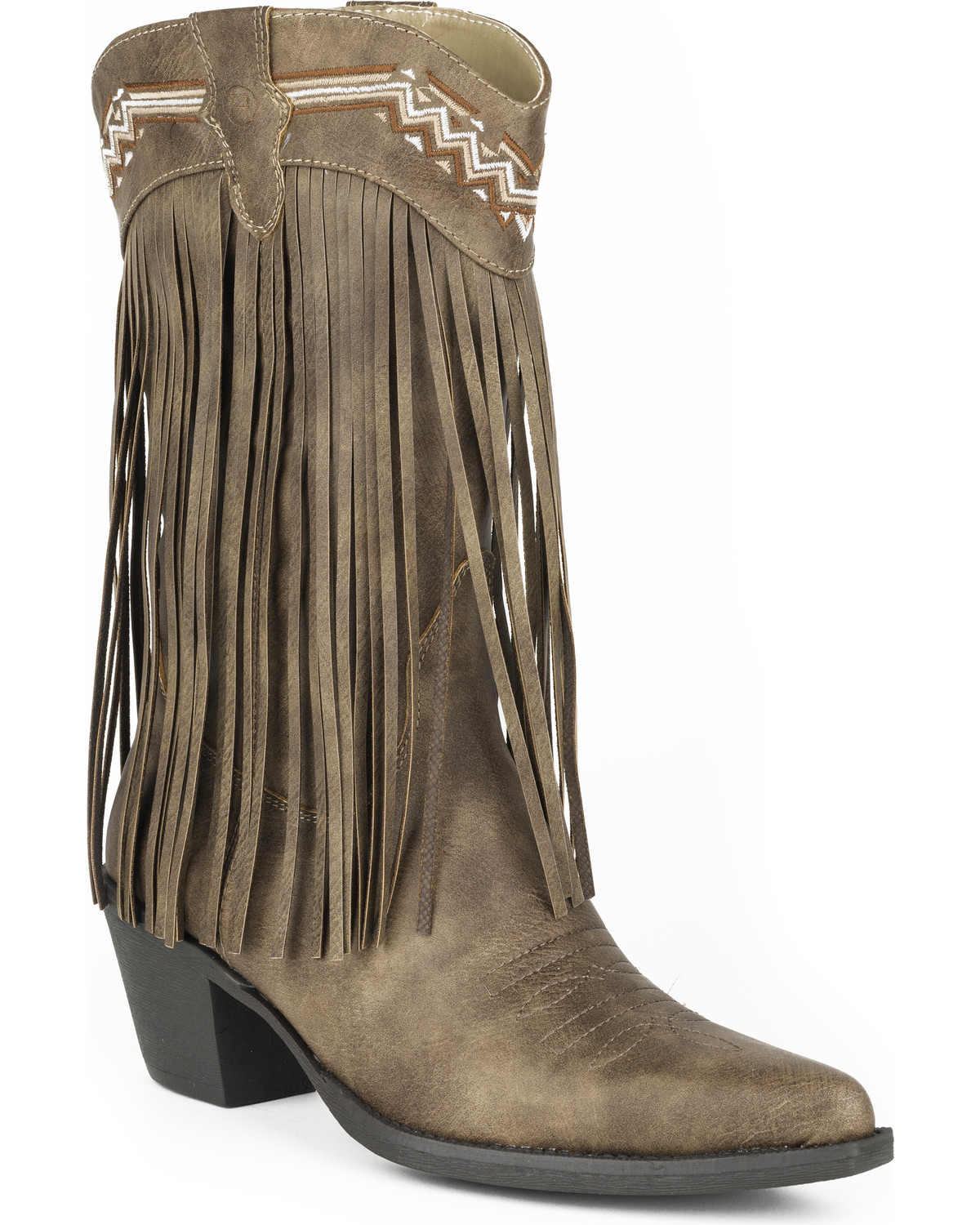 Roper Women's Brown Fringe Faux Leather Western Boots Pointed Toe