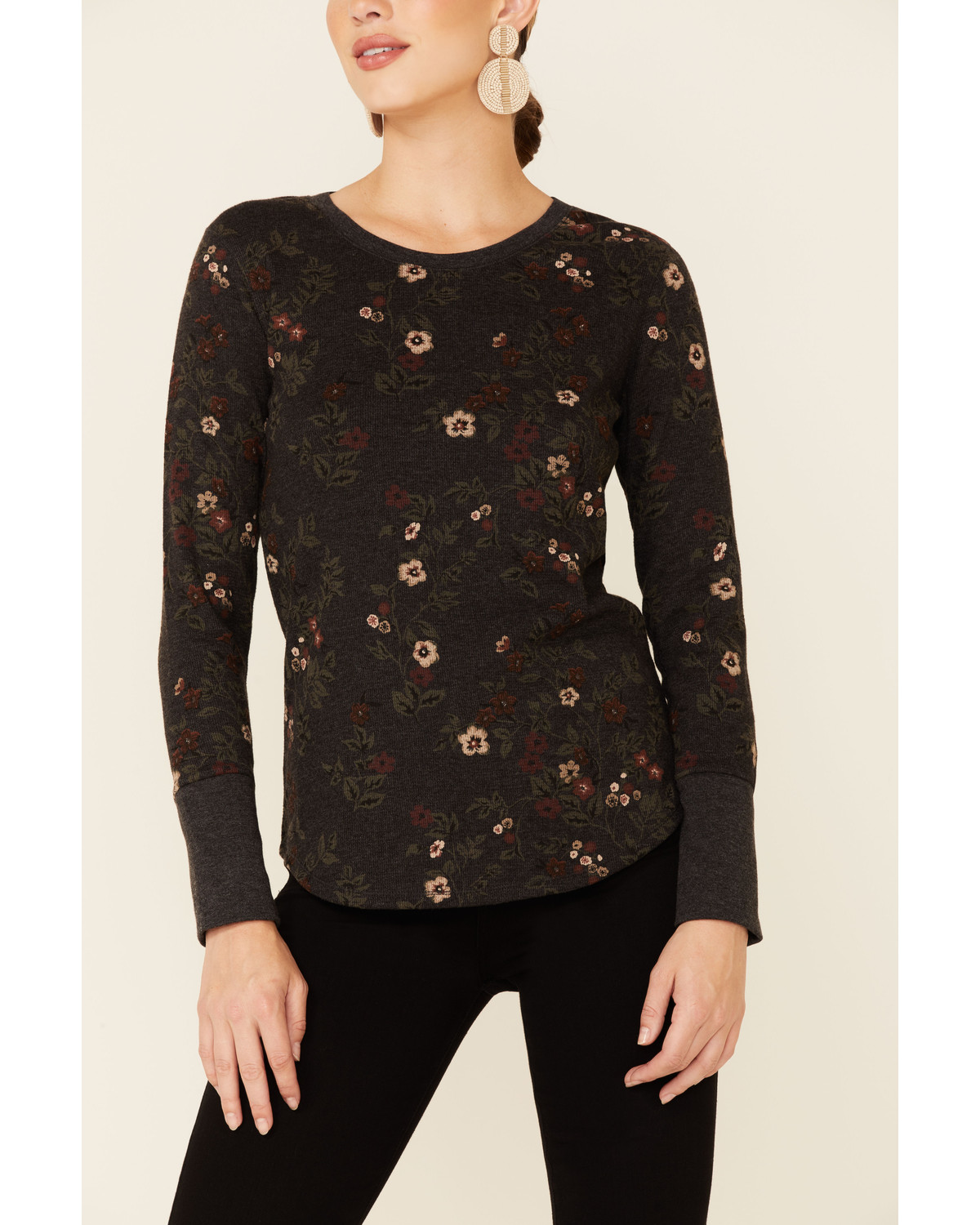 North River Women's Charcoal Floral Print Waffle Crew Long Sleeve