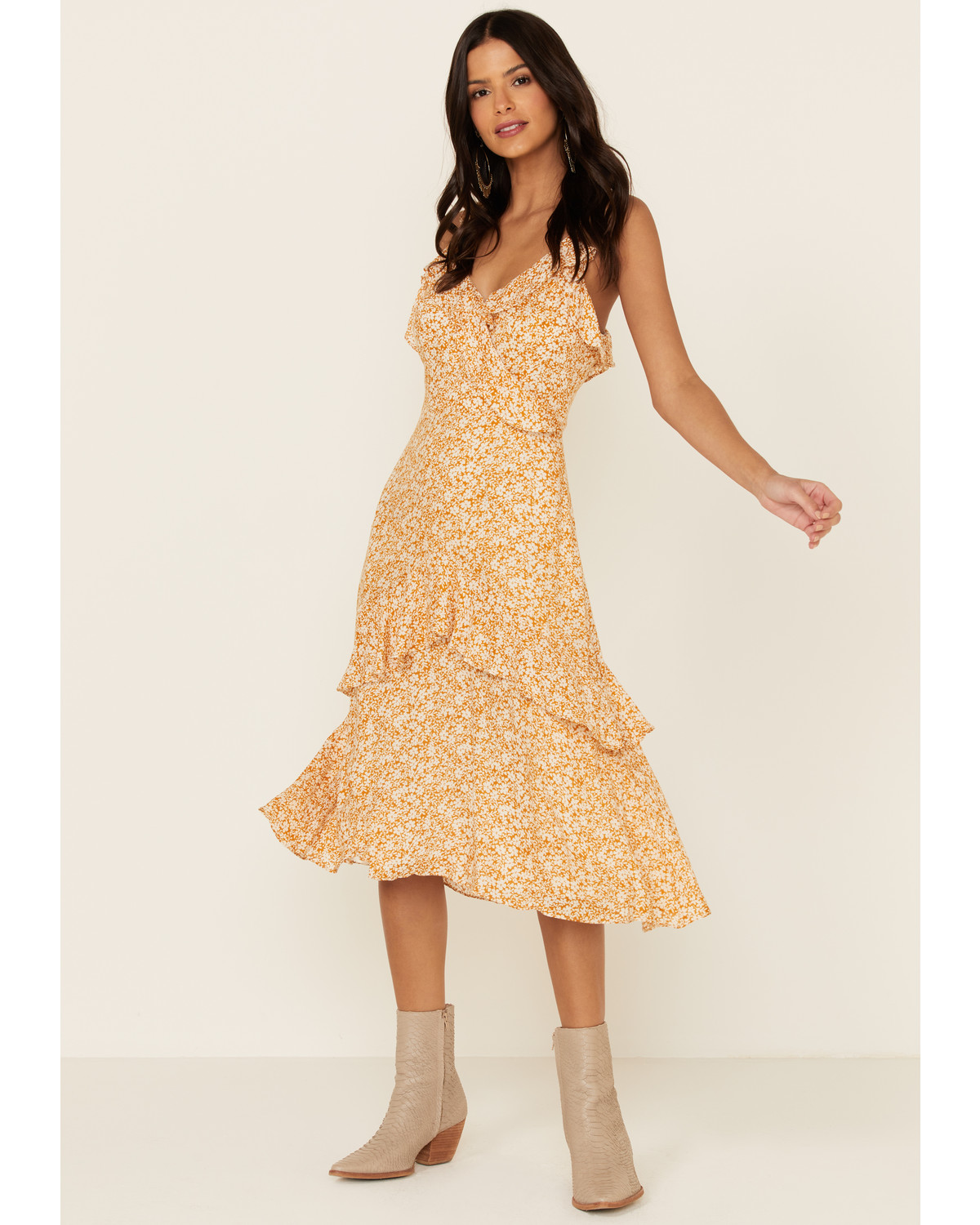 Miss Me Women's Mustard Floral Ruffle Midi Dress Country Outfitter