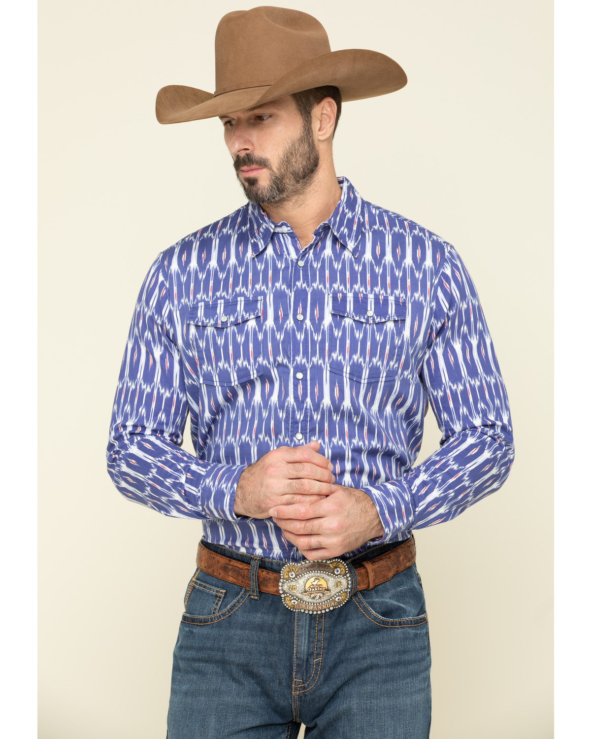 Rock & Roll Cowboy Men's Blue Ikat Aztec Print Long Sleeve Western