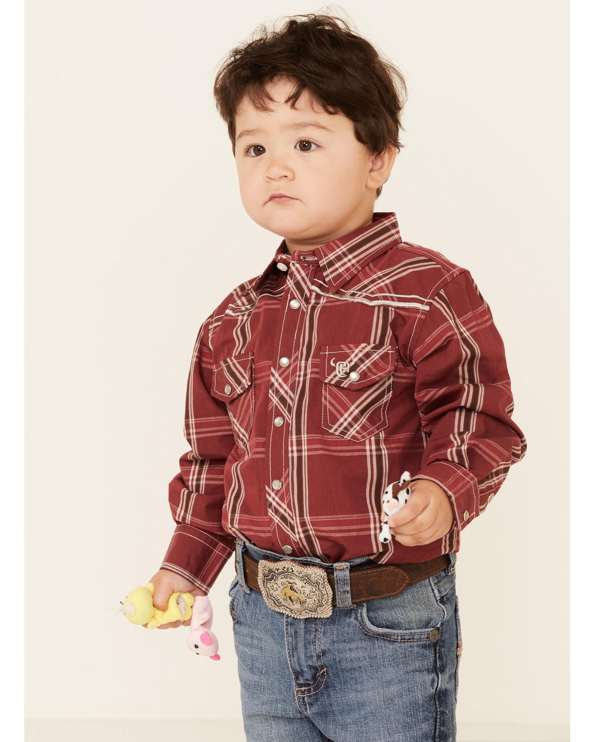 Cowboy Hardware Toddler Boys' Burgundy Plaid Embroidered Long Sleeve