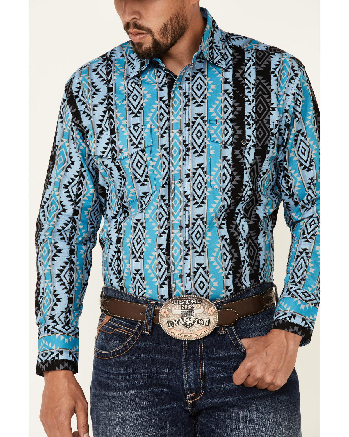 Wrangler Men's Blue Checotah Aztec Print Long Sleeve Snap Western Shirt ...