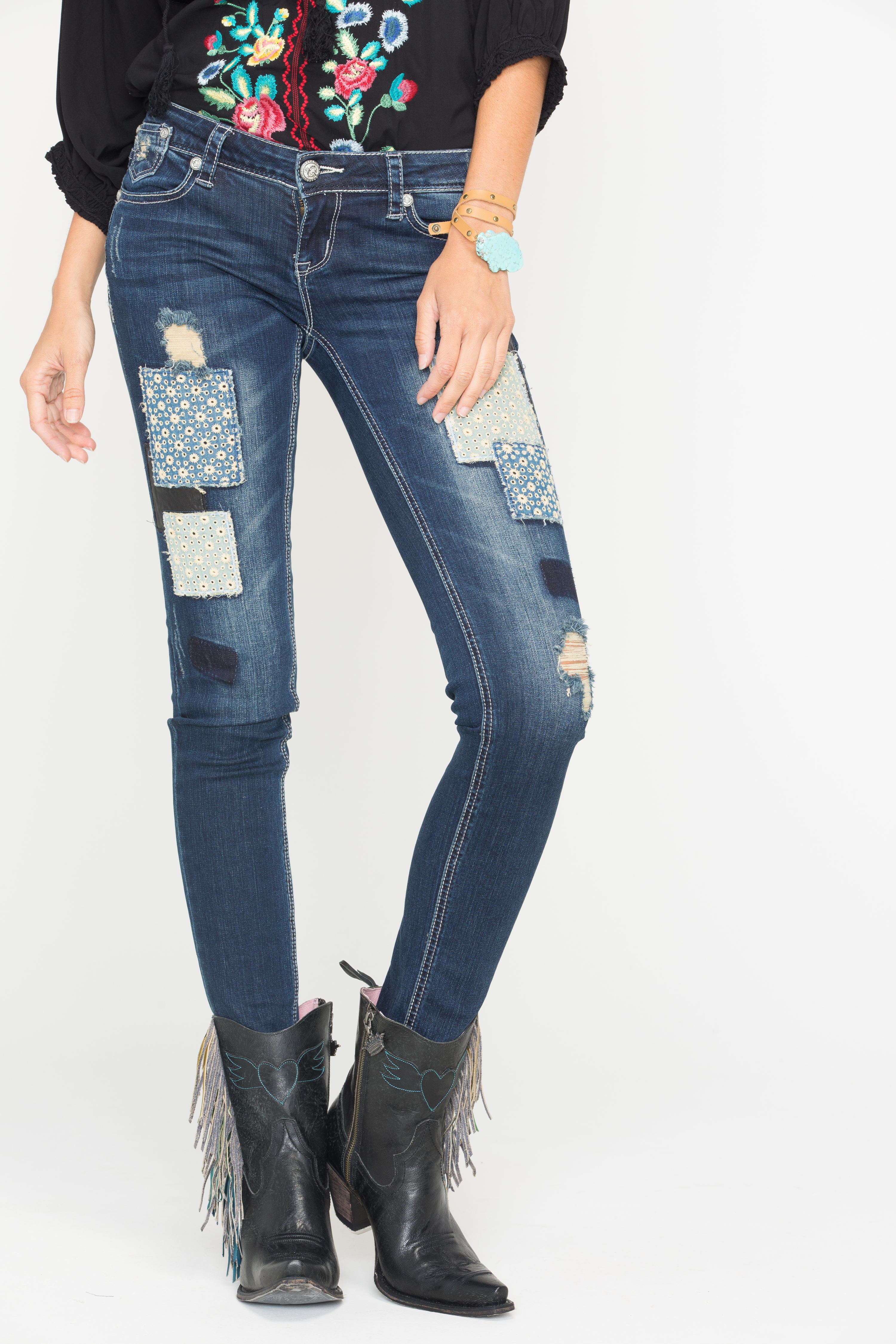 Grace in LA Women's Skinny Patchwork Jeans - Country Outfitter